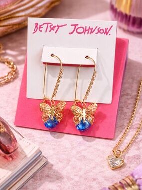 Betsey Johnson Blue Butterfly Drop Earrings Statement NWT